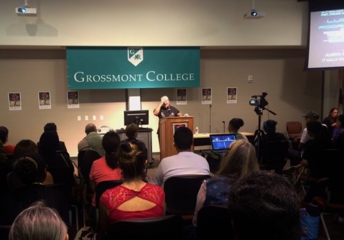 Luis K. Rodriguez speaking at the Literary Arts Festival. Photo by: Gaby Rodriguez