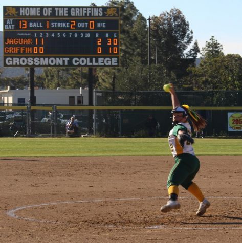 Pitcher and infielder Lexi Schmehr
winds up a strike against Southwestern
College Jaguars.