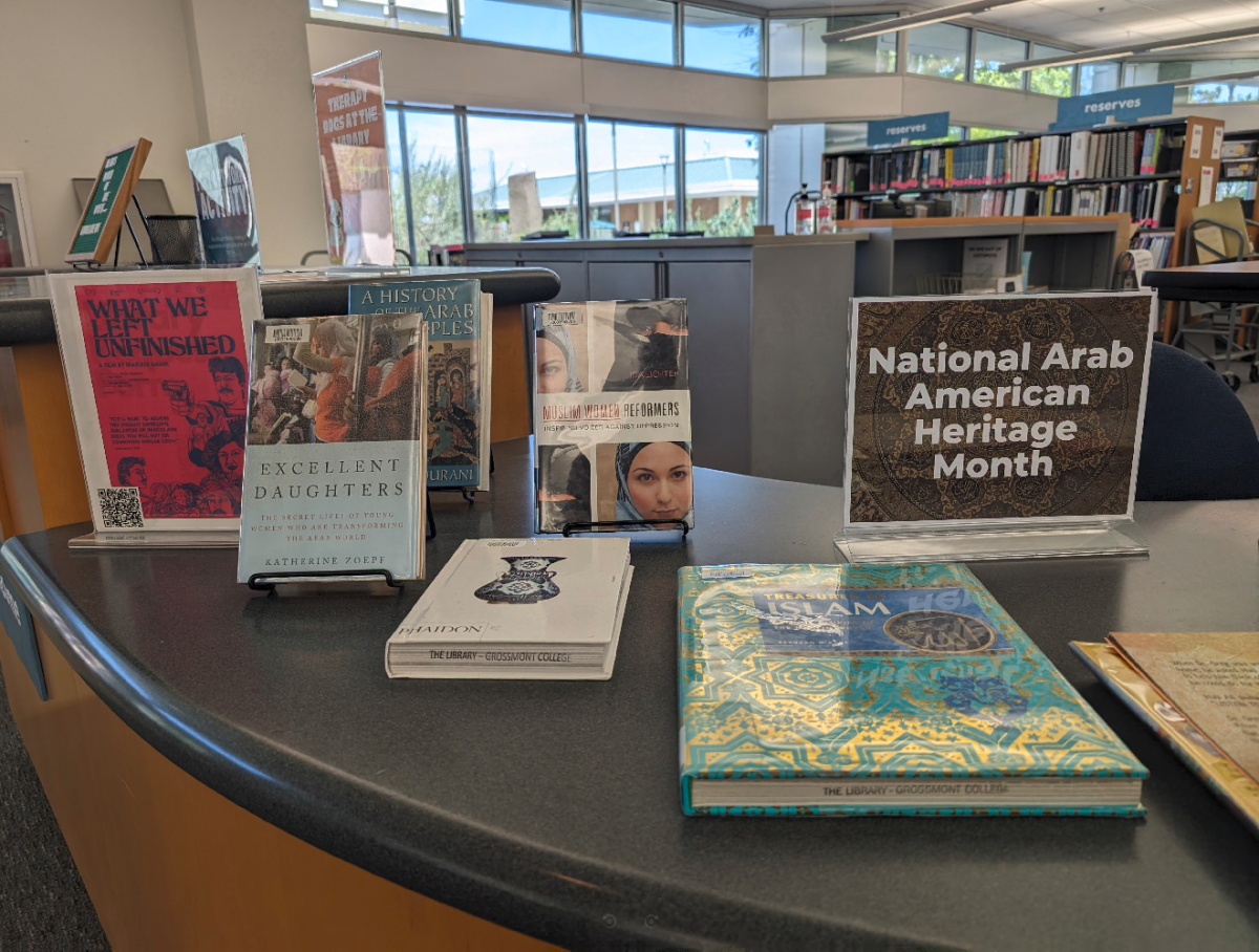 A book display in Grossmont Colleges Library during Arab American Heritage month.
