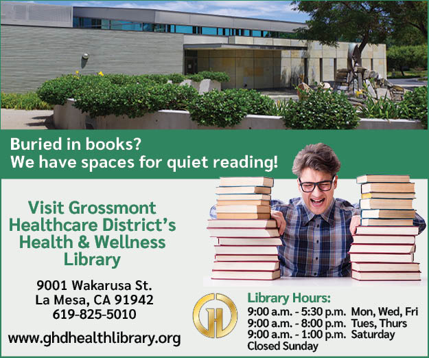 "Man smiling with stacks of books, promoting Grossmont Healthcare District's Health & Wellness Library and hours."