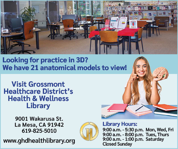 Grossmont Health & Wellness Library flyer featuring hours, location, and a woman holding an anatomical brain model.