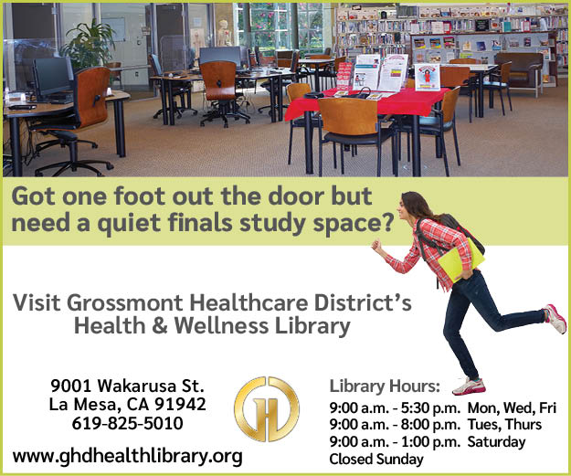 Student running with books toward a library study space with tables, chairs, and library hours listed.