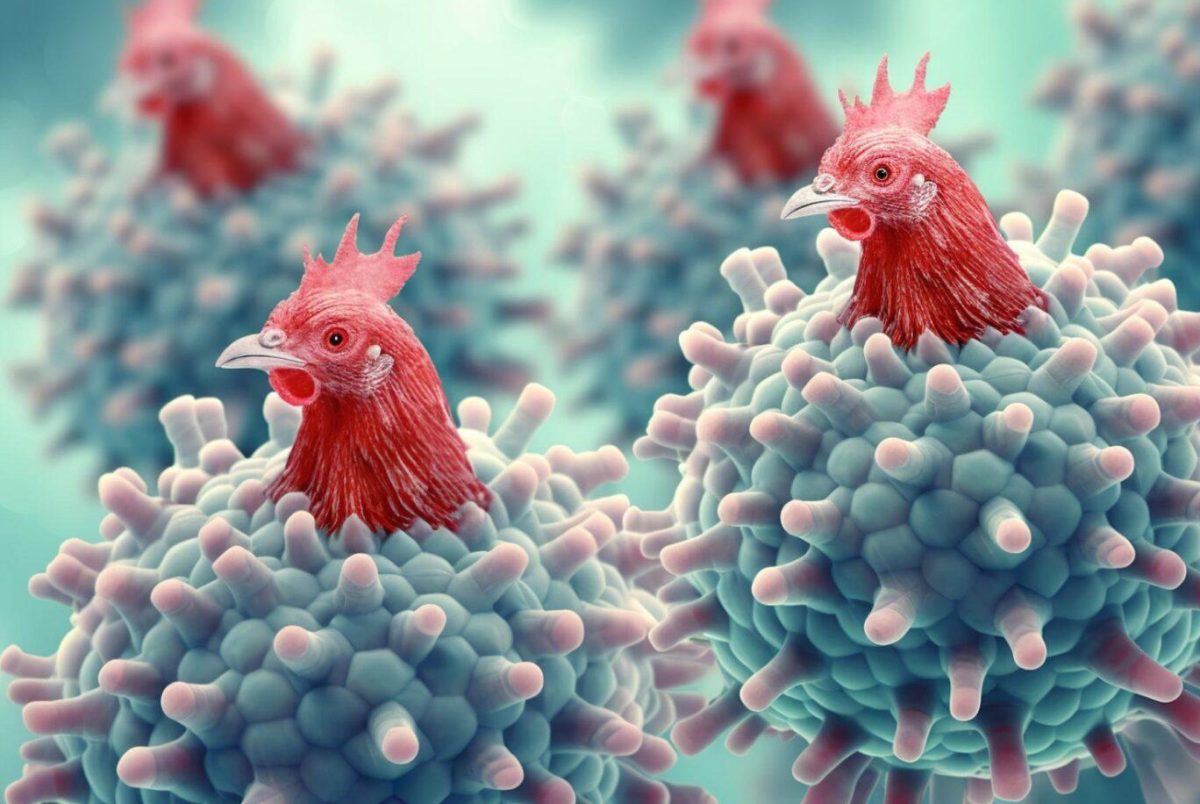 Illustration of chickens emerging from virus-like particles, symbolizing avian flu transmission.