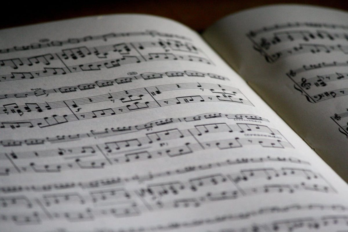 Open book showing pages filled with printed sheet music in black ink on white paper.