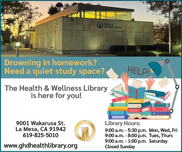 Health & Wellness Library ad with hours, location, and cartoon hands reaching from piles of books labeled “HELP!”