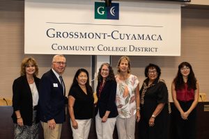 From Left to Right: Chancellor Dr. Lynn Neault, Trustee Brad Monroe, Governing Board President Debbie Justeson, Trustee Cindy Page, Governing Board Vice President Julie Schorr, Board Clerk Elena Adams, Cuyamaca College Student Trustee Marcelia Y. Villaseñor