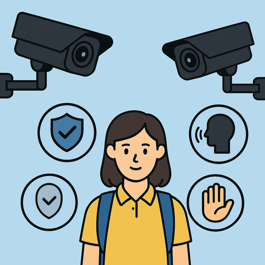 Student under surveillance with cameras and icons representing security, location, speech, and access control.