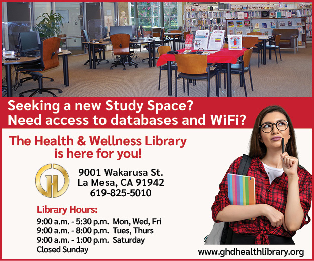 Flyer for the Health & Wellness Library advertising study space, databases, and Wi-Fi, featuring a photo of a library interior, the library’s contact information and hours, and a person holding books with a backpack.