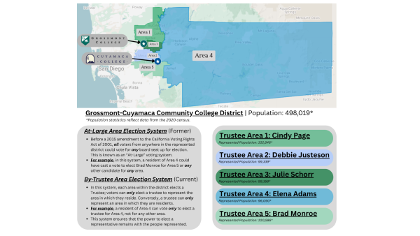 Infographic showing the district boundaries, their corresponding trustee areas and populations, as well as showing how those officials have been and are currently elected.
